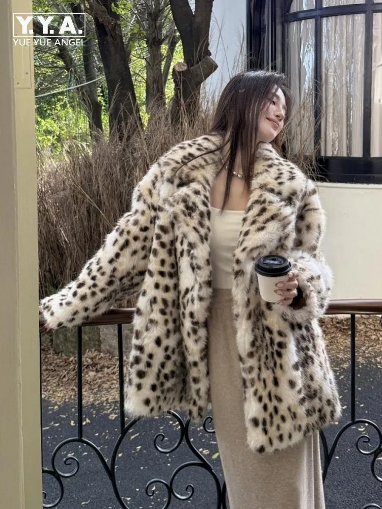 Winter Women Thick Warm Leopard Print Faux Fur Overcoat Imitation Fox Fur Loose Medium-long Outerwear Turndown Collar Jacket