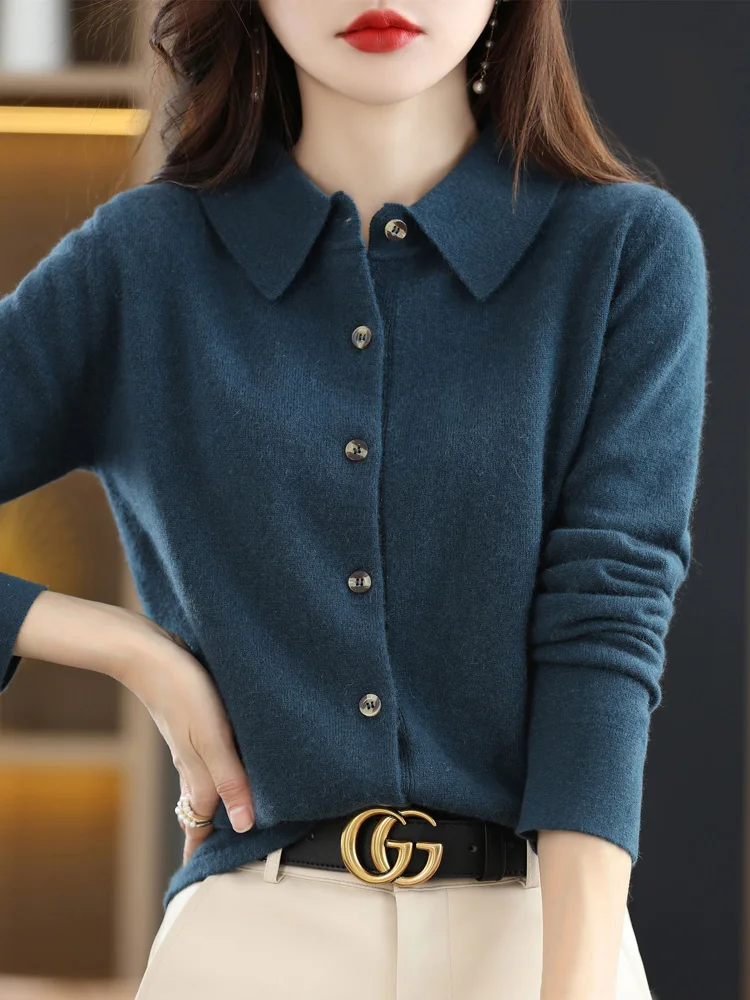 Long Sleeve Women Sweater Autumn Winter 100% Merino Wool Cardigan Solid Turn Down Collar Cashmere Knitwear Korean Fashion Tops