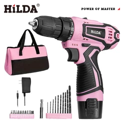 HILDA 12V Electric Screwdriver 25+1 Torque Cordless Drill Mini Wireless Power Tools Lithium-Ion Battery Pink Drill