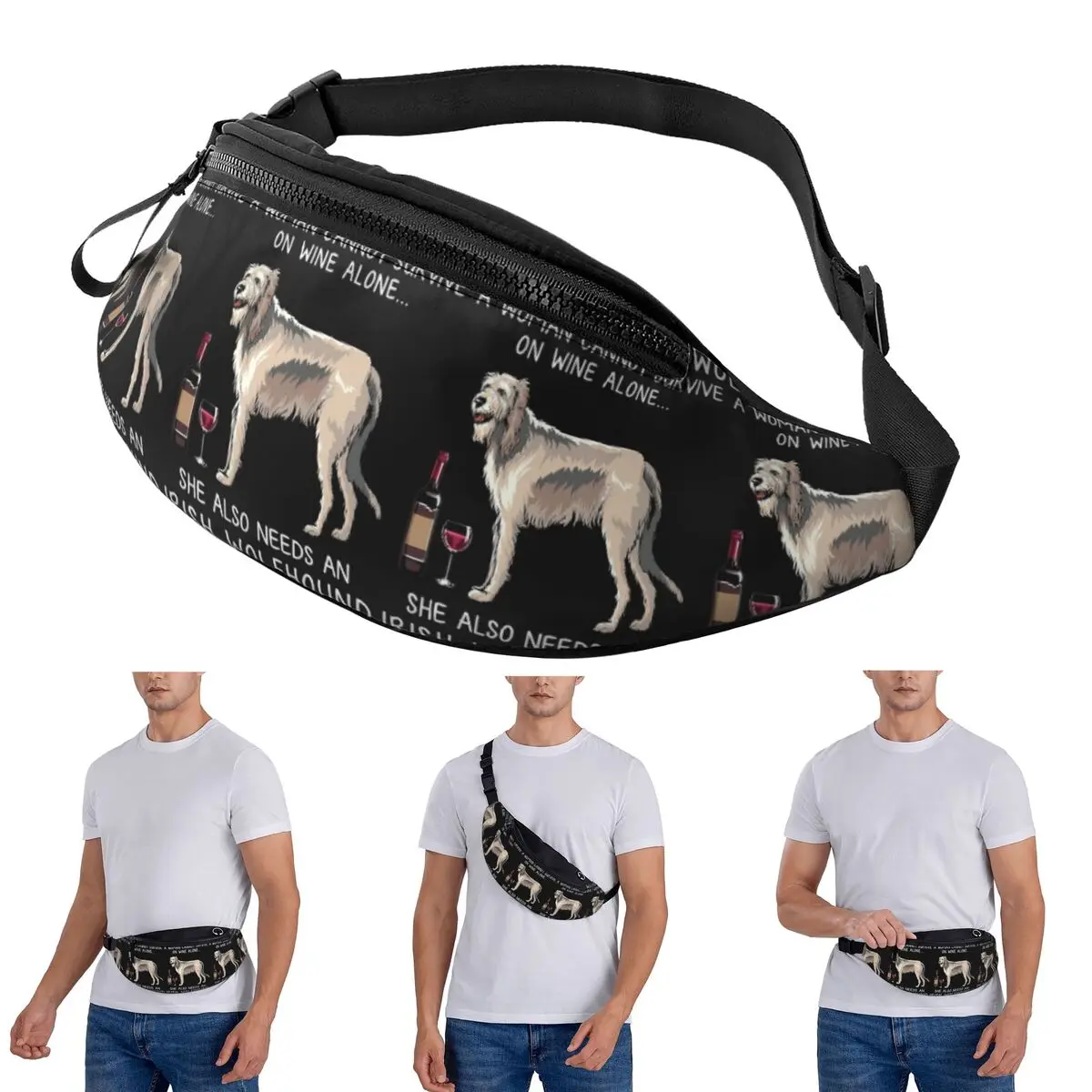 

Crossbody Waist Bag Irish Wolfhound And Wine Funny Dog Men Women Fanny Pack Travel Running Money Phone Pouch