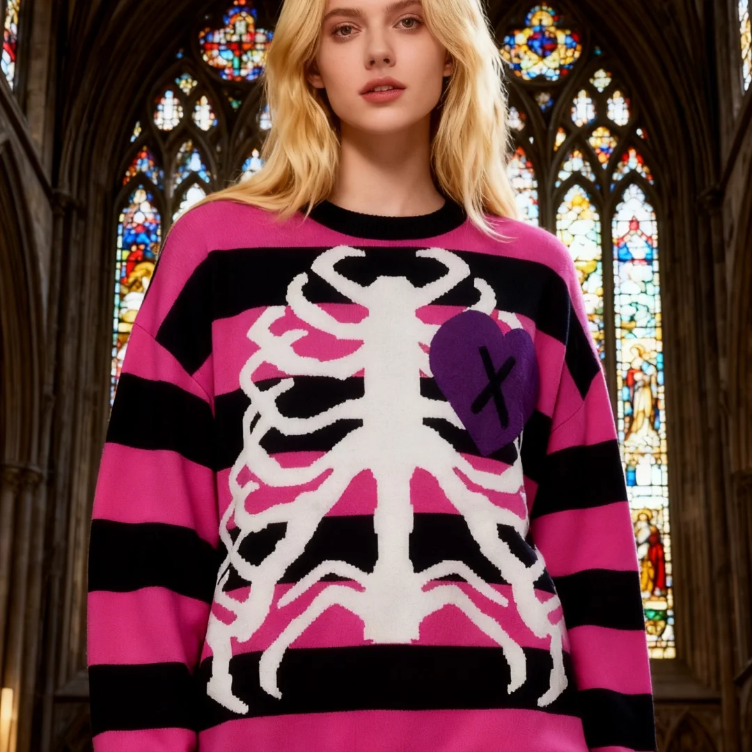 

Темный стиль, свободный пуловер с рисунком скелета и принтом, вязаный свитер с длинными рукавами для мужчин