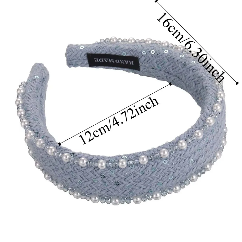 Cerceau de cheveux en tissu de perles douces, imprimé Rose, perles de Style français, bandeau en cristal, large côté, Beige, bleu, bandeau pour mariage
