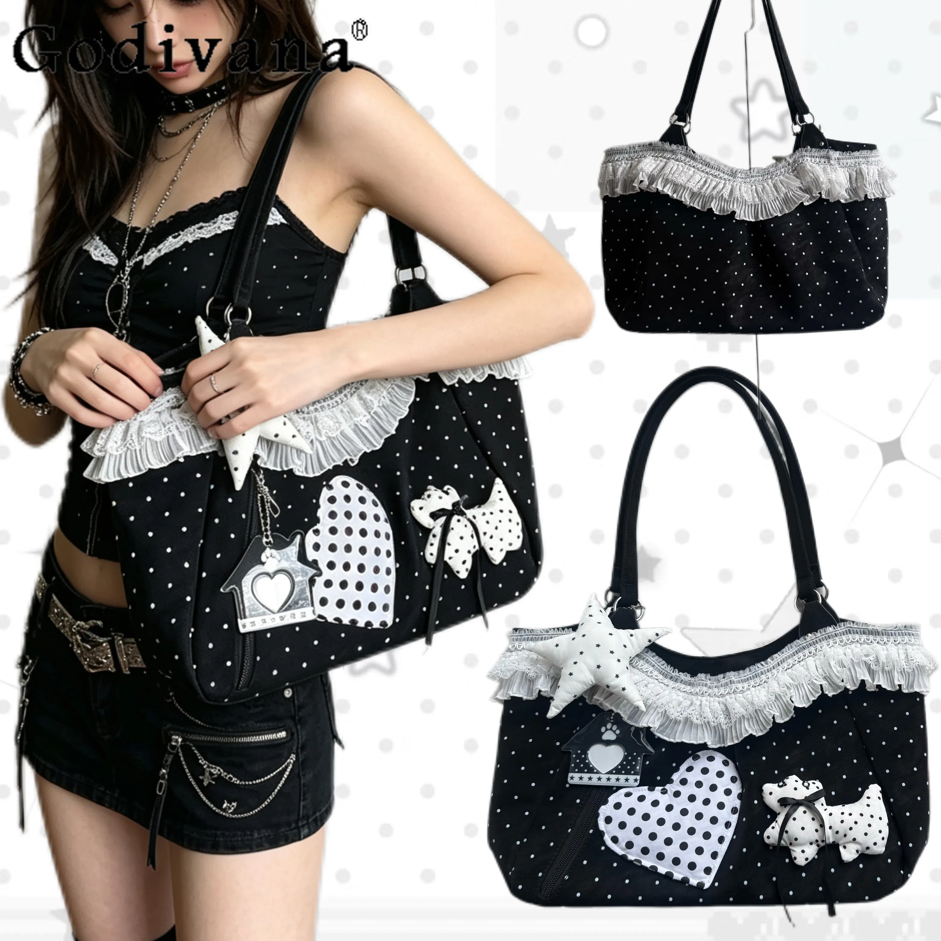 Y2K Japanese Original Sweet Cool Storm Point Cartoon Cute Shoulder Bag Lace Edge Casual Commuting Versatile Shoulder Bag Women