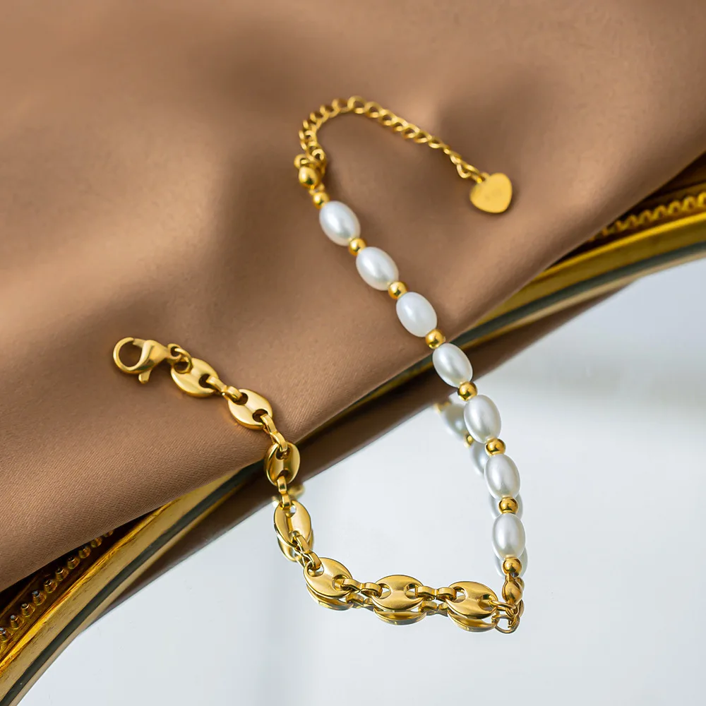 316L Stainless Steel New Fashion Fine Jewelry minimalist Pig Nose Shape Pearls Stitching Charm Chain Bracelets For Women