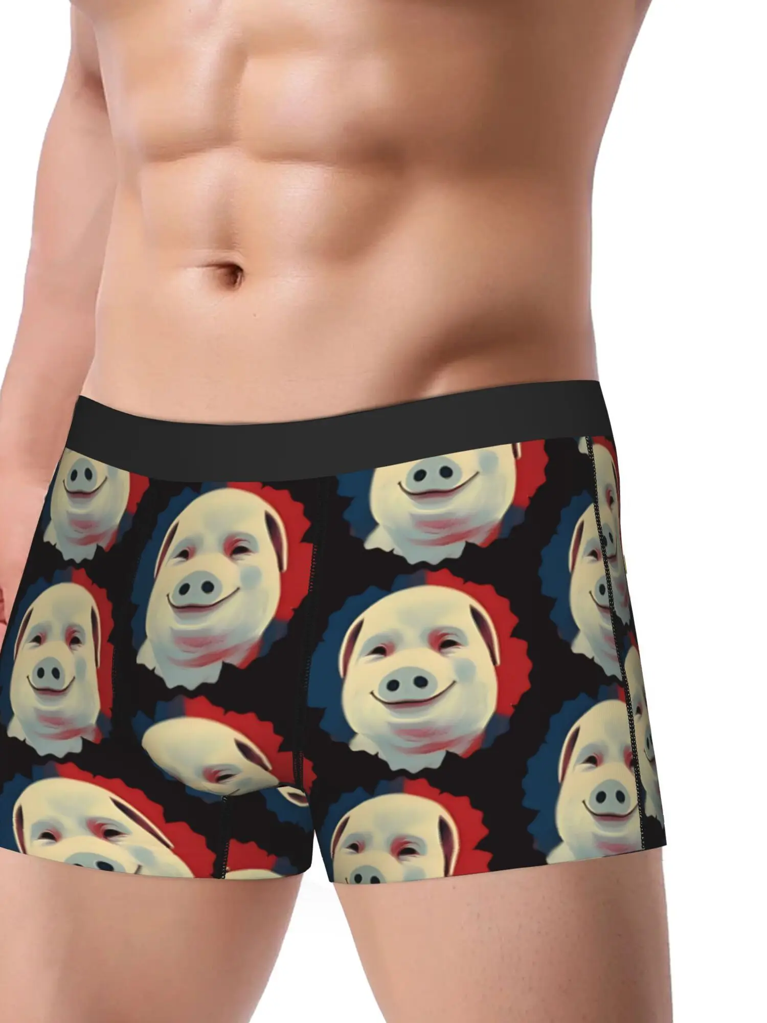 BIIHUDU Men'S Boxer Briefs with John Pork Funny Pig Face Print - Comfortable Stretch Fabric, Black with Colorful Design, Casual