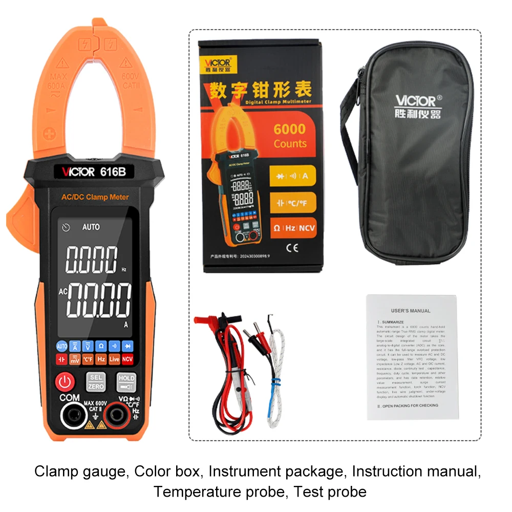 Victor DIgital Clamp Meter Mini Big Screen Reverse 6000 Count Ohm Capacitance Frequency Temp Full Function Clamp Meter
