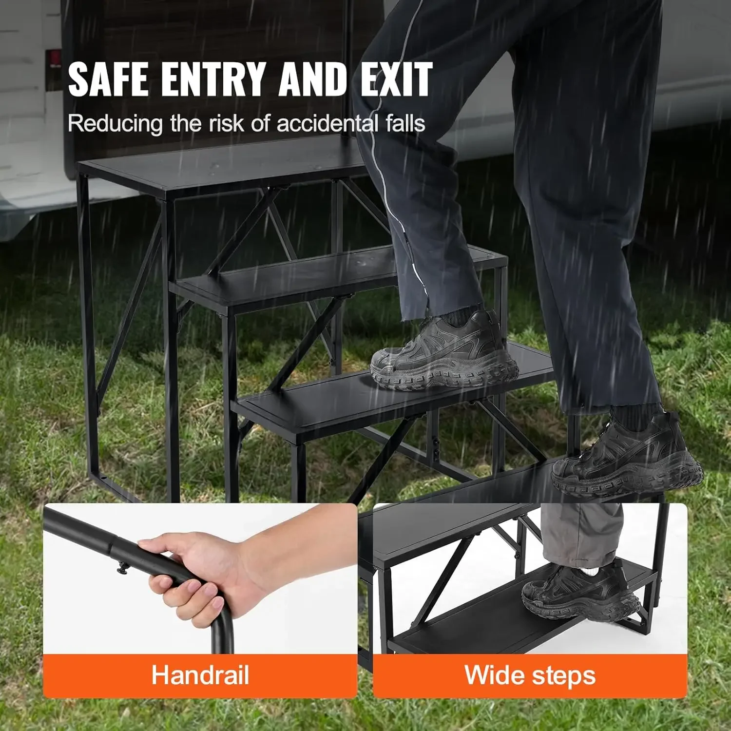 RV Steps, 4-Step RV Stairs, 440 LBS Load Capacity, Thickened Carbon Steel, with Handrail, Non-Slip Steps for Safe Entry and Exit