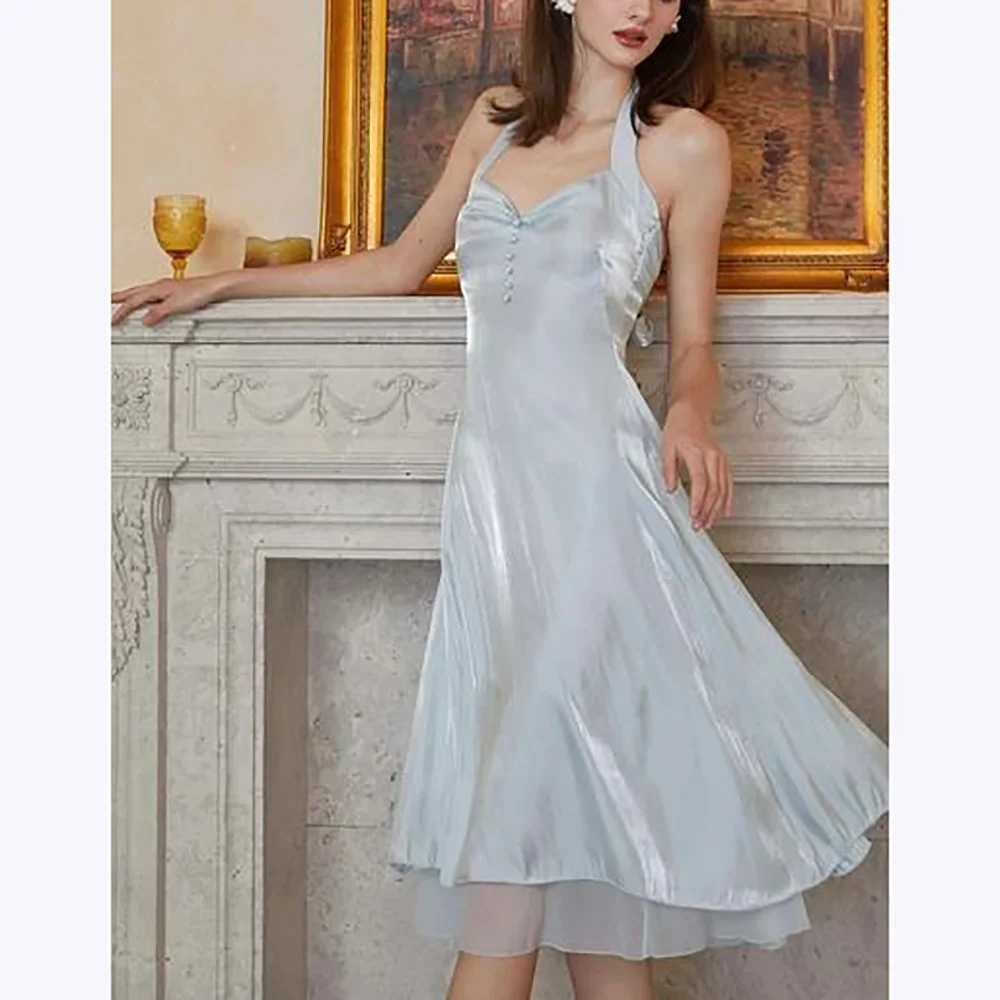 فساتين السهرة الزرقاء الفاتحة أزياء رائعة الحبيب السباغيتي حزام ألف خط فستان الحفلة الراقصة طول الشاي أسلوب بسيط حزب ثوب