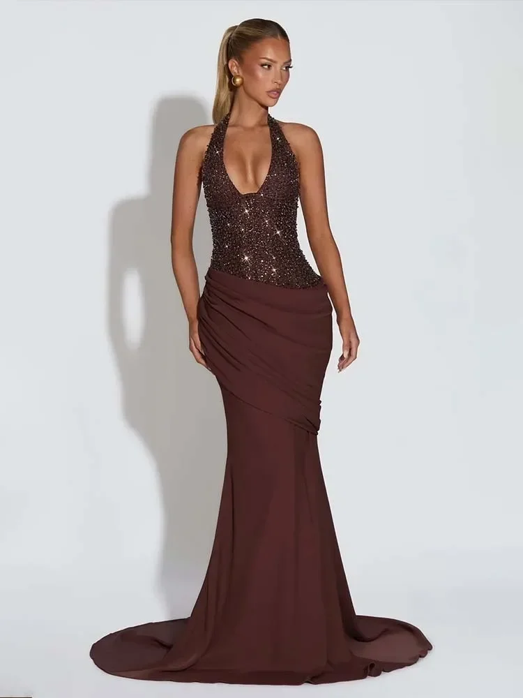 

Slim Bodycon Maxi Long Dress Women Halter 2026 Spring Summer Dress Sequin Evening Nightclub Sexy Party Dresses