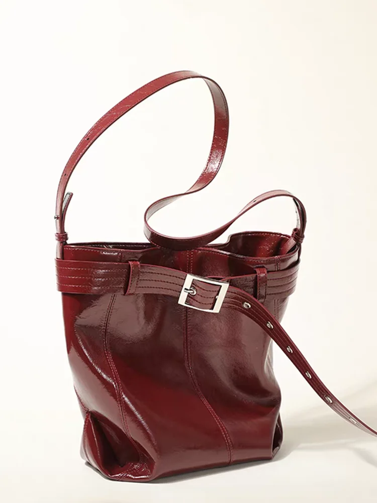 Black Fashion Unique Bucket Bag Genuine Leather Bag\Handbag Women Real Leather Simple Lady Shoulder Crossbody Bag