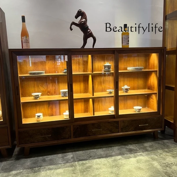 

Tea room design Old wood solid wood display cabinet Tea side cabinet Tea teapot Storage cabinet