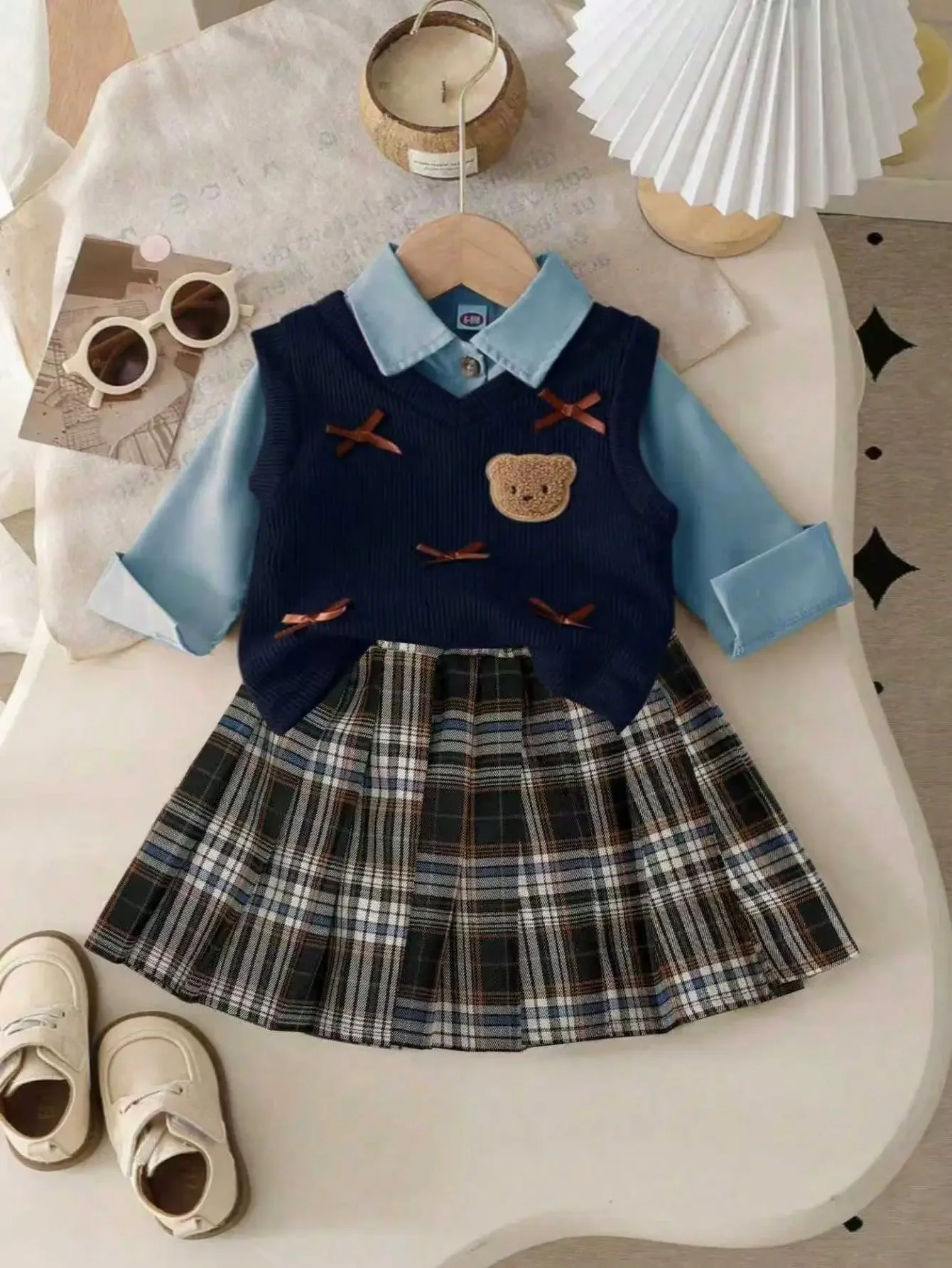 Baby Girls 6 9 12 18 24 36 Months Clothing Sets Cute Style Knit Vest + Shirt + Plaid Pleated Skirt 3pcs Baby Suits Kids Clothes