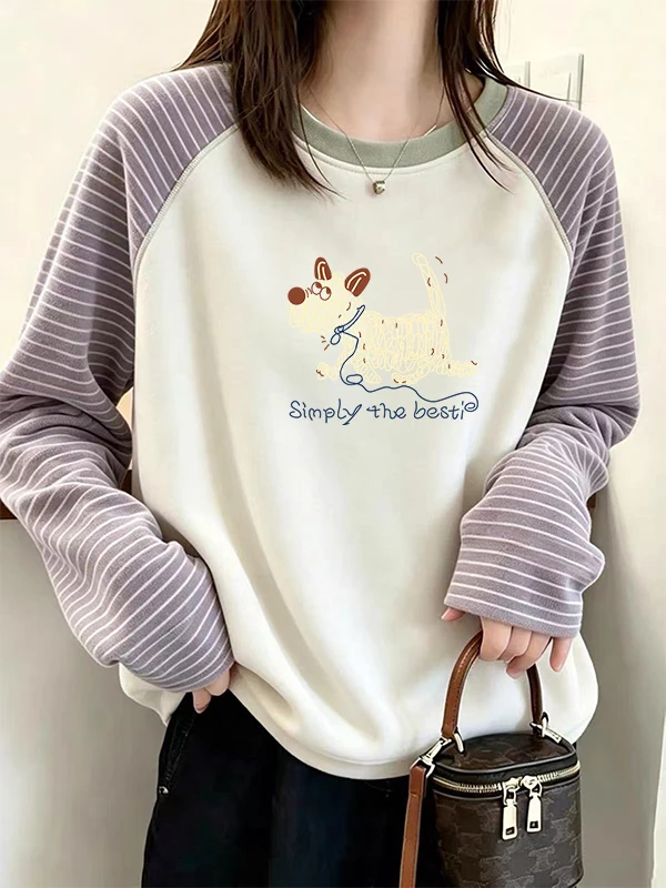 Korean Style Color Block Striped Splice Long Sleeve T-Shirt Women's Loose Youthful Fashionable Velvet Top Casual round Neck