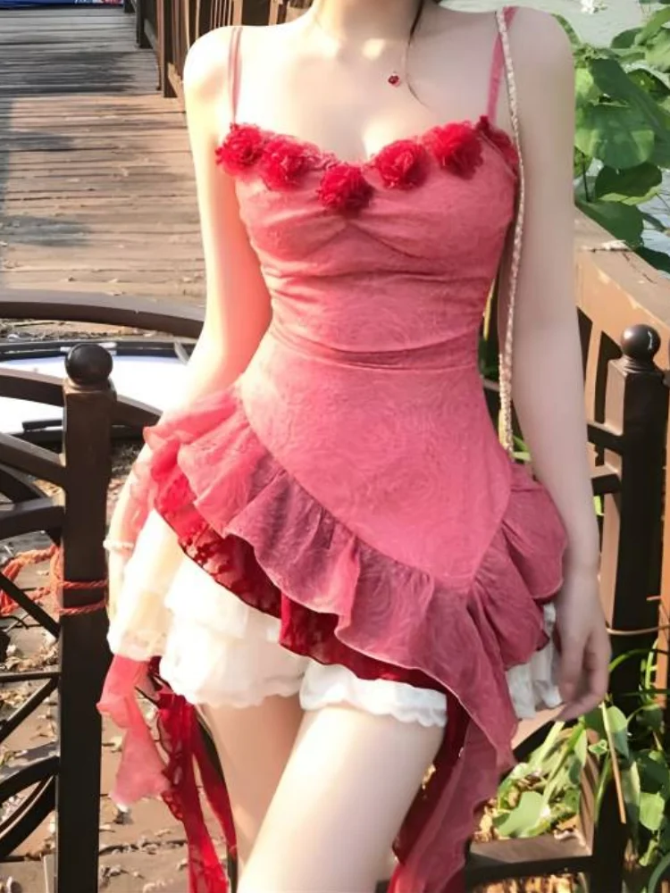 Sweet Pure Desire Lace Halter Top And  Skirt Set Women's Fashion Summer Outfit Slimming Effect Uneven Hemline
