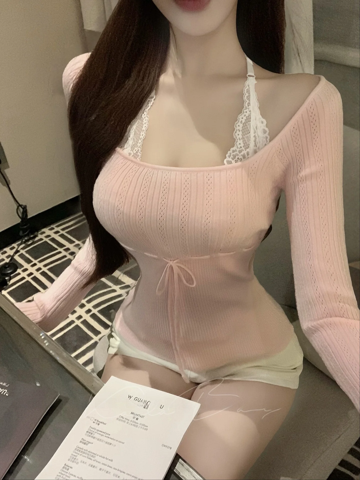 

Pure Color Knitted Base irt Women's Slim Fit Hollow Design Square Collar Inner Wear Top Autumn Winter Faion Ele