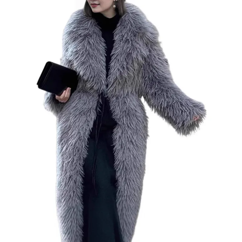 Fashionable Notched Collar Long Faux Fur Coat Warm Thick Fleece Jacket Elegant Women's Office Fluffy Coat Chic Faux Fur Jacket