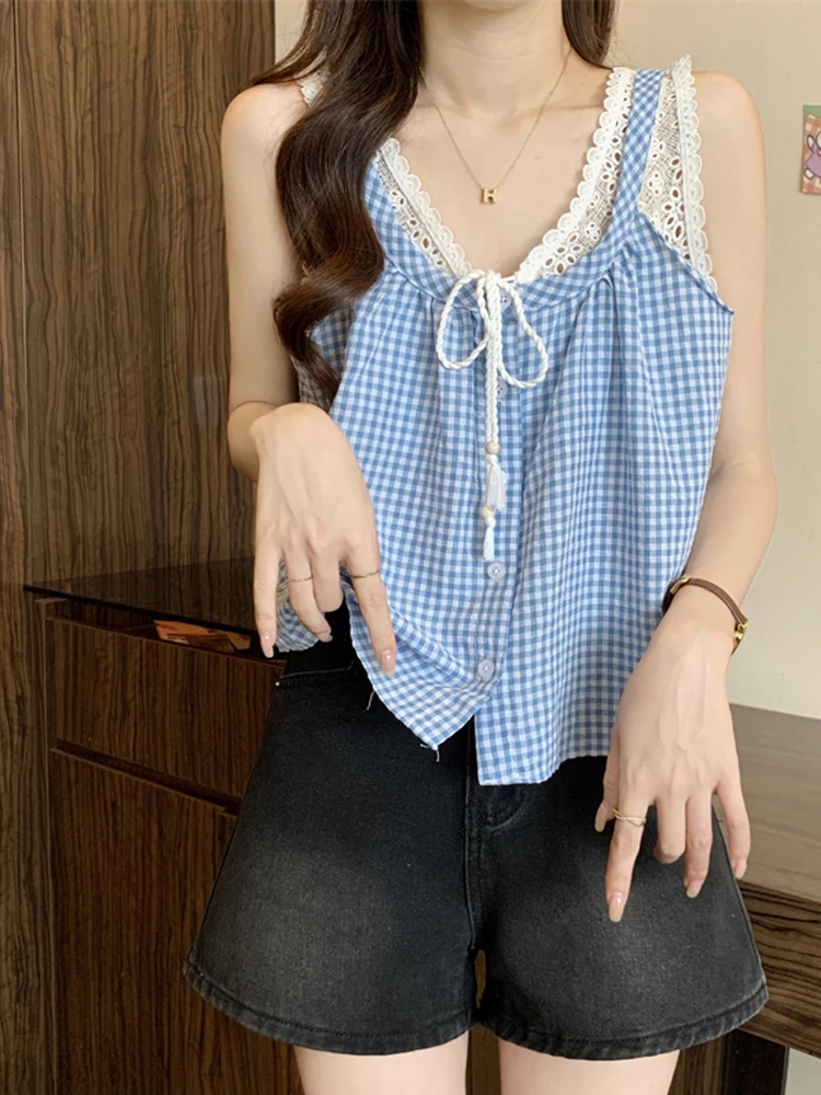 Sommer Plaid Spitze Weste irt frauen Design Sinn ature Oberbekleidung ort Svel Top Koreanische Sle Lose Fit Taste Detail