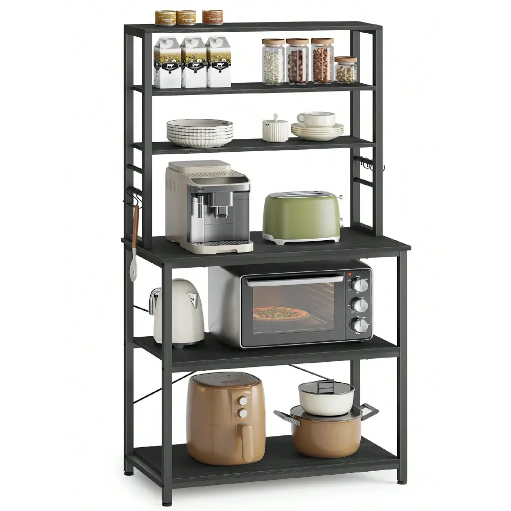 

Полка для хлебопечки, подставка для микроволновой печи, высокая кухонная полка для хранения, 6 крючков и металлический каркас, в индустриальном стиле, 15,7 x 31,5 x 65,7 дюймов