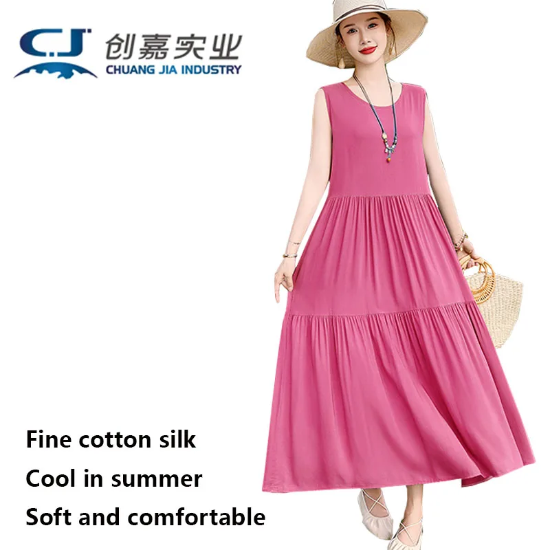 

Cotton Silk Summer Women's Sleeveless Dress Light Blue Round Neck Pullover Long Dress Temperament Simple Retro Casual Home Wear