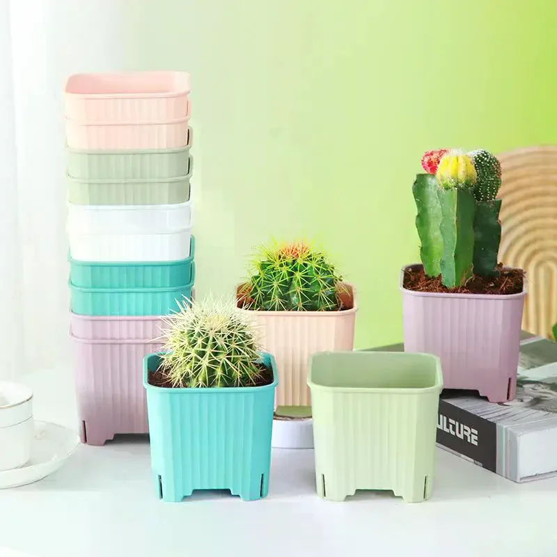 Square Plastic Pots With Drainage Hole MultiColor Breathable Plant Nursery Pot For Balcony Office Home Cactus Herb Gro