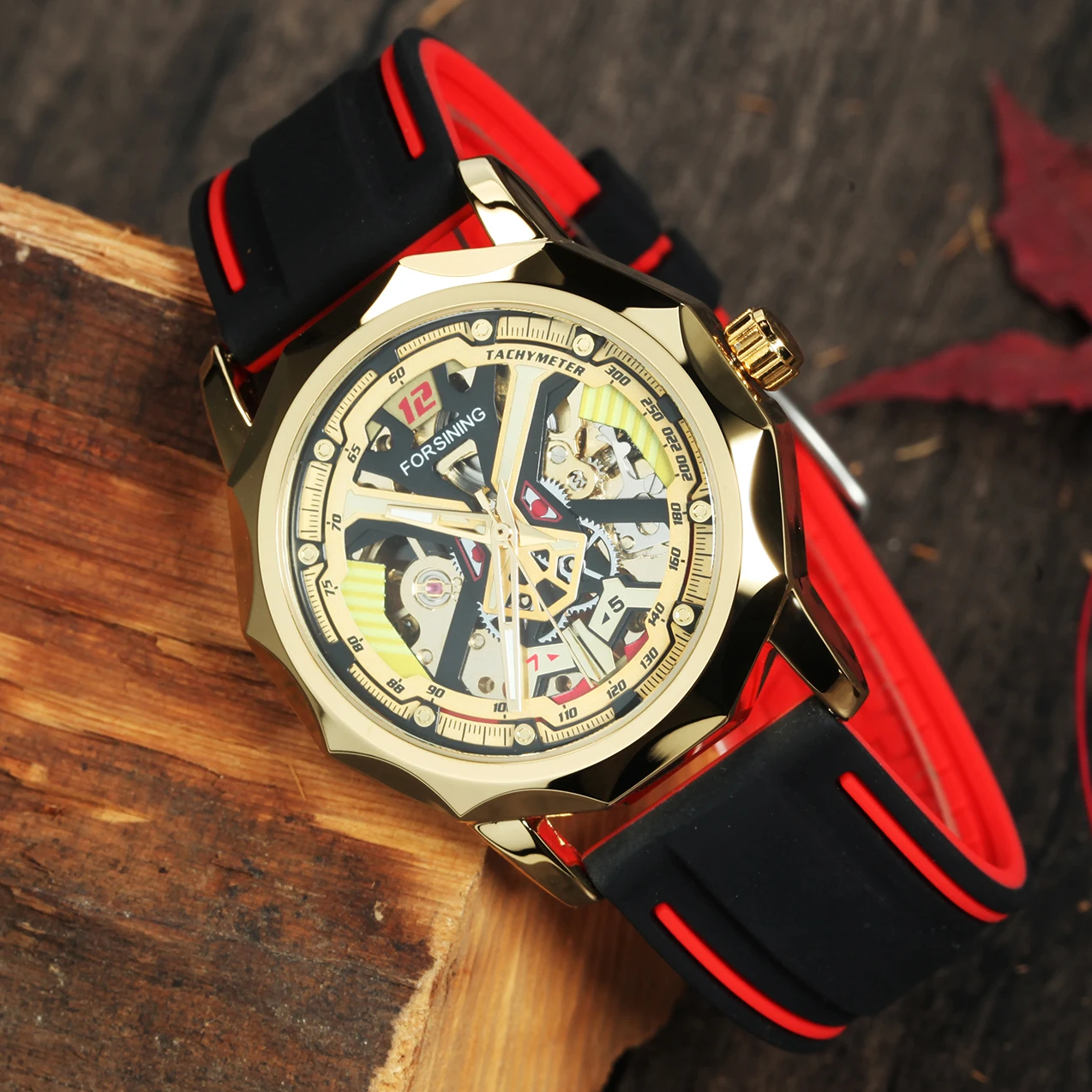 Forsining Fashion Gold Skeleton Mechanical Watches for Men Luminous Hands Casual Black Red Rubber Strap Irregular Sports Watch