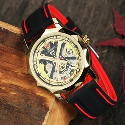 Forsining Fashion Gold Skeleton Mechanical Watches for Men Luminous Hands Casual Black Red Rubber Strap Irregular Sports Watch