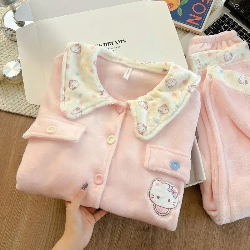 Hello Kitty pyjama meisjes herfst en winter koraal fluweel verdikte warme lange mouwen schattige cartoon pop kraag huiskledingset