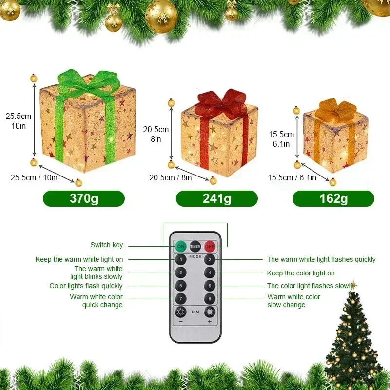 3 pçs caixa de presente de natal arco luminoso feriado para iluminar decoração de natal árvore de natal festa de férias decoração ao ar livre indoor