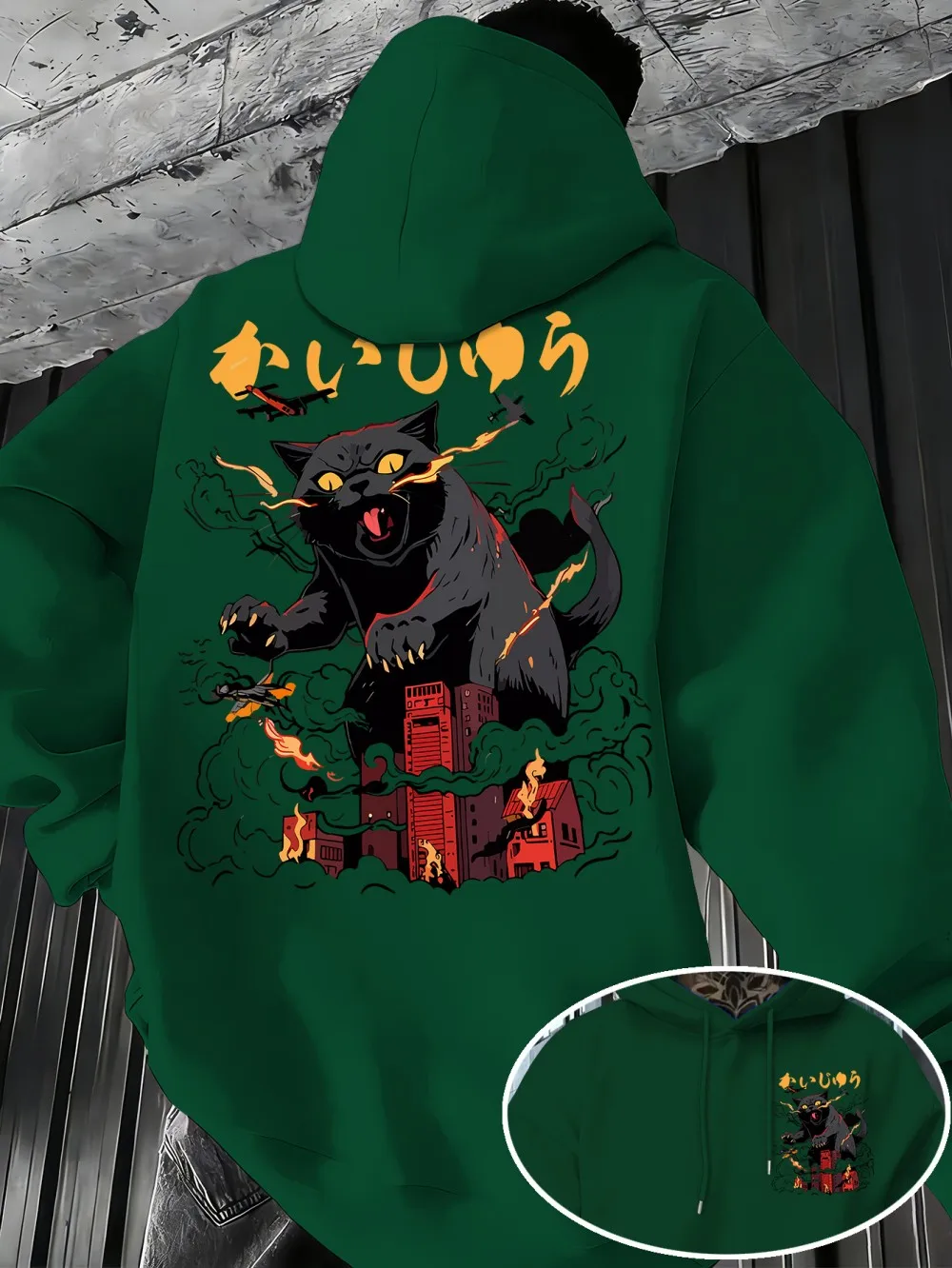 American style new autumn men's fun cat city print micro elastic comfortable hooded sweatshirt outdoor city casual top