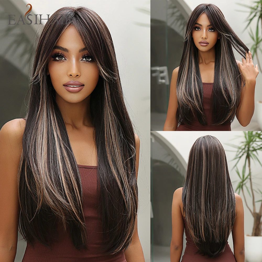 EASIHAIR Long Straight Brown Highlight Blonde Synthetic Wigs with Bangs for Black Women Daily Party Natural Heat Resistant Fiber