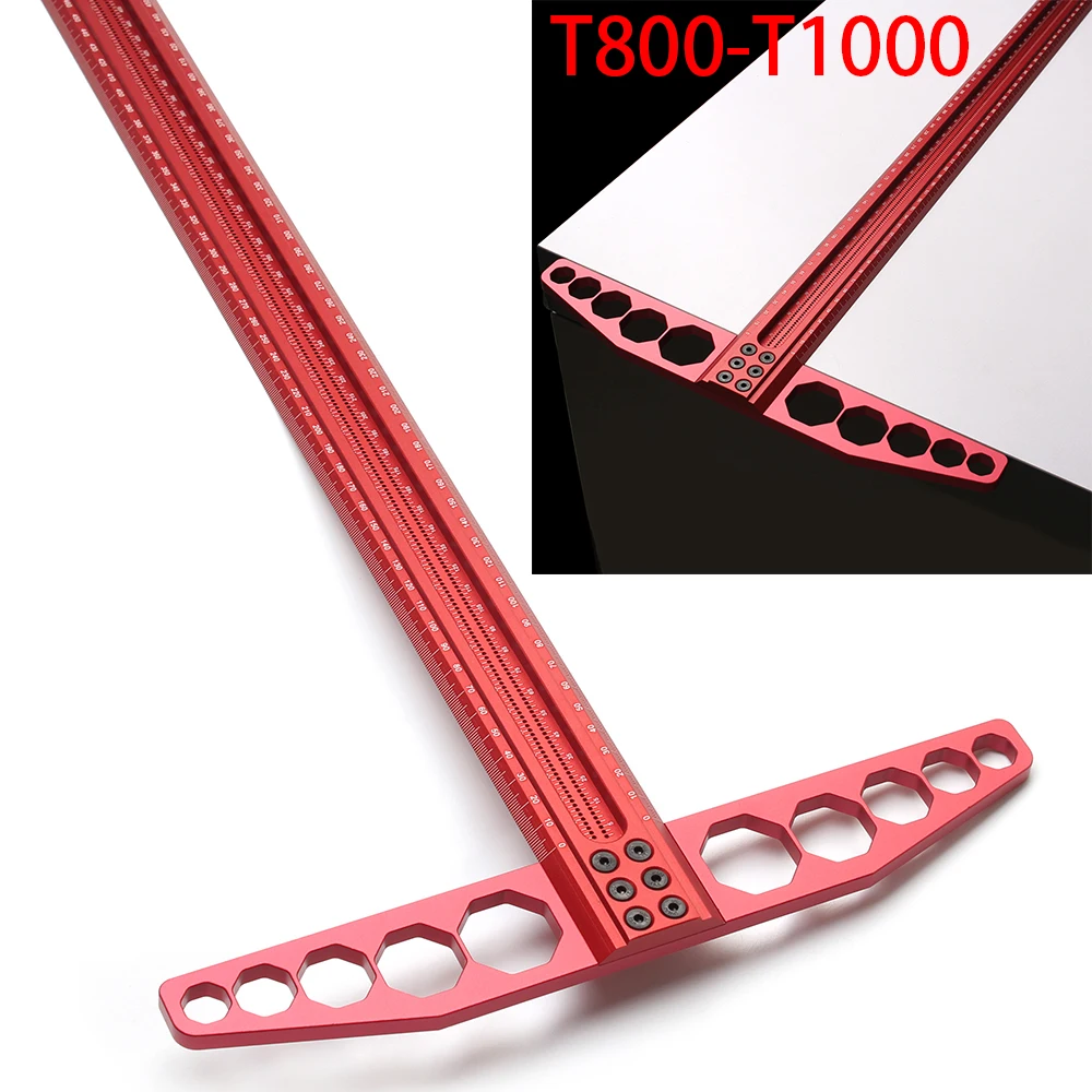 Trazador de precisión para carpintería, regla en T de marcado cuadrado en T, posicionamiento de orificios de aleación de aluminio, calibrador de marcado de agujeros cruzados, T800-1000MM
