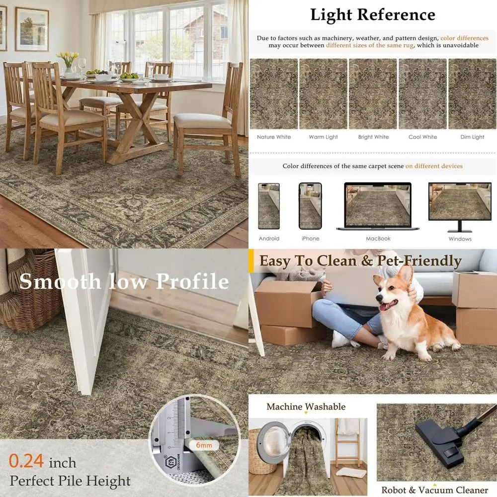 

Винтажный коричневый ковер 5x7, моющийся, идеально подходит для гостиной, спальни, столовой и офиса, с нескользящим покрытием и низким ворсом