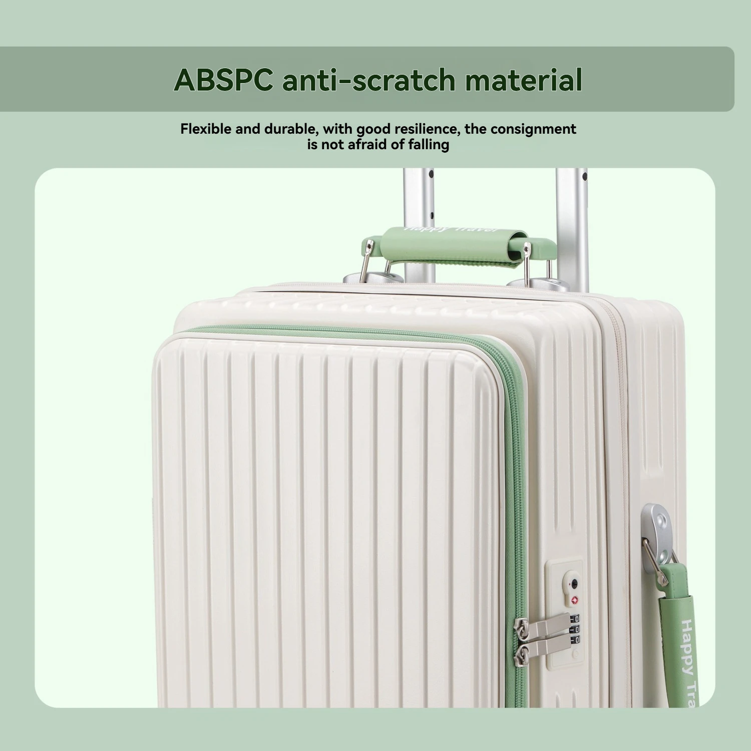 1-teiliges Set aus einem Reisekoffer mit Frontöffnung und Gummireifen, einem Trolley-Koffer mit einer 5 cm dicken, erweiterbaren Zwischenschicht, einem Ledergriff, einer Reisetasche mit Handyhalterung, einem zusammenklappbaren Getränkehalter, einer seitlichen Hakenfunktion und einem Zollschloss, geeignet für Strandurlaube und längere Reisen. – Detail 13