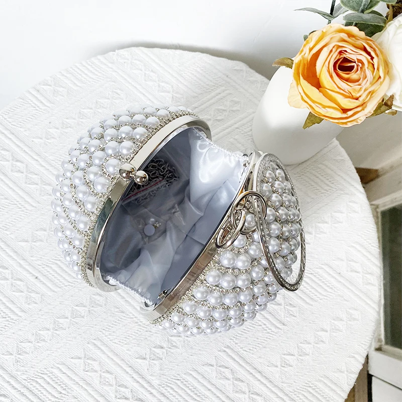 女性のための豪華なパールボールハンドバッグ,きらびやかなクリスタルのラインストーン,丸いイブニングハンドバッグ,きらびやかなシルバーのパーティー財布,トップファッション