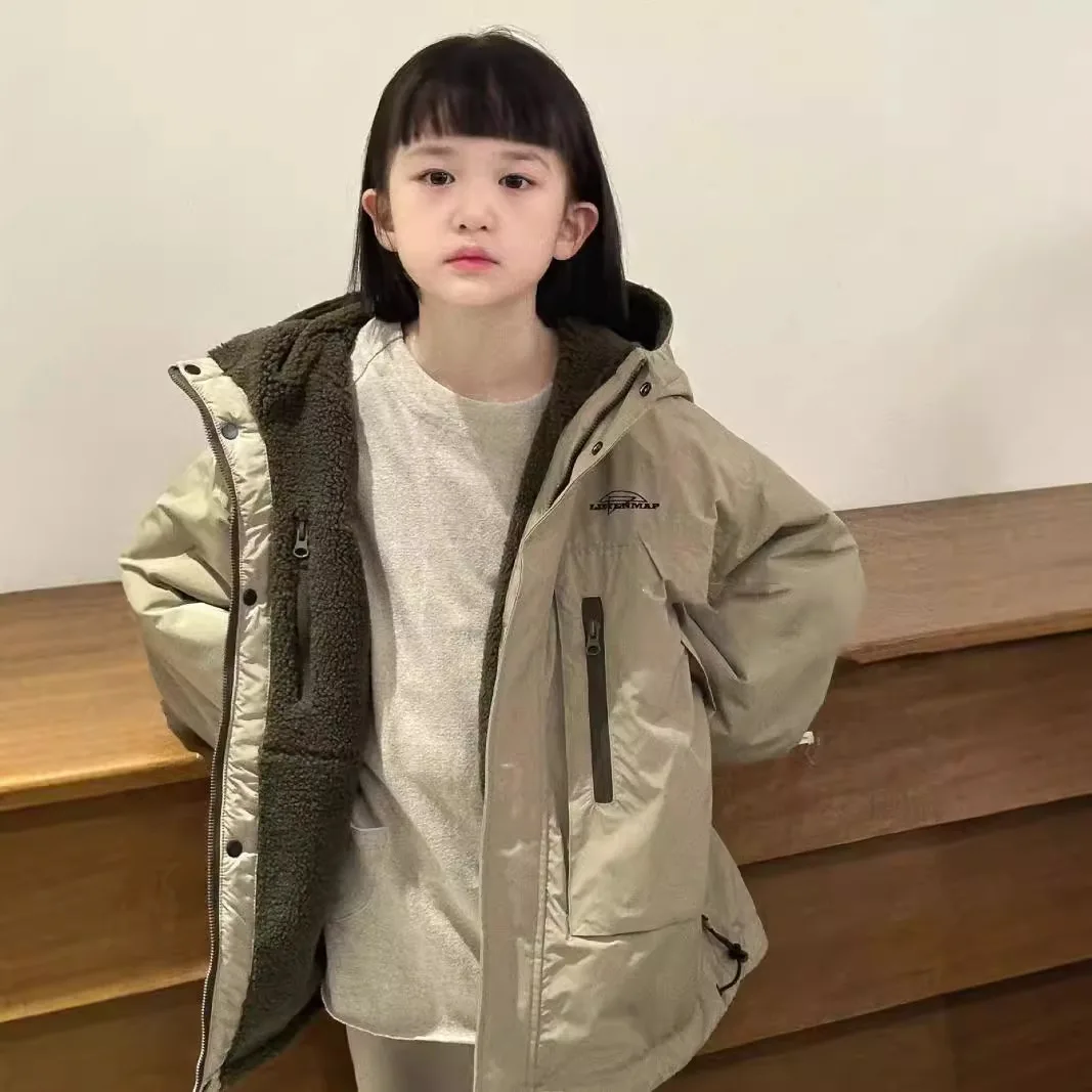 

Winter Warm Girls Boys Hooded Zip Track Reversible Jackets School Kids Thick Fleece Coat Top Children Outfit Windbreaker 5-16 Yr