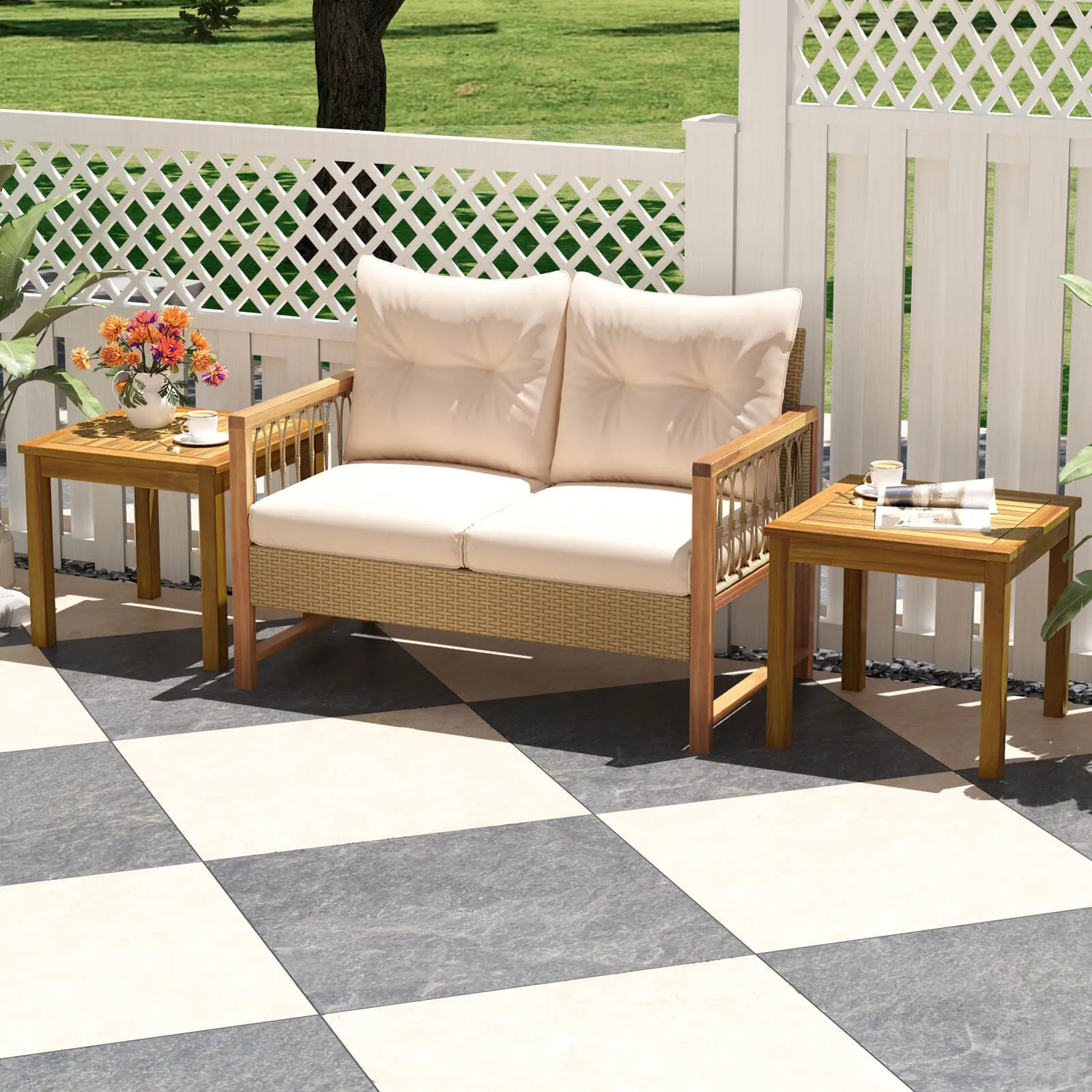 طاولة قهوة مربعة الشكل من خشب الساج في الهواء الطلق لفناء حديقة سطح الشرفة