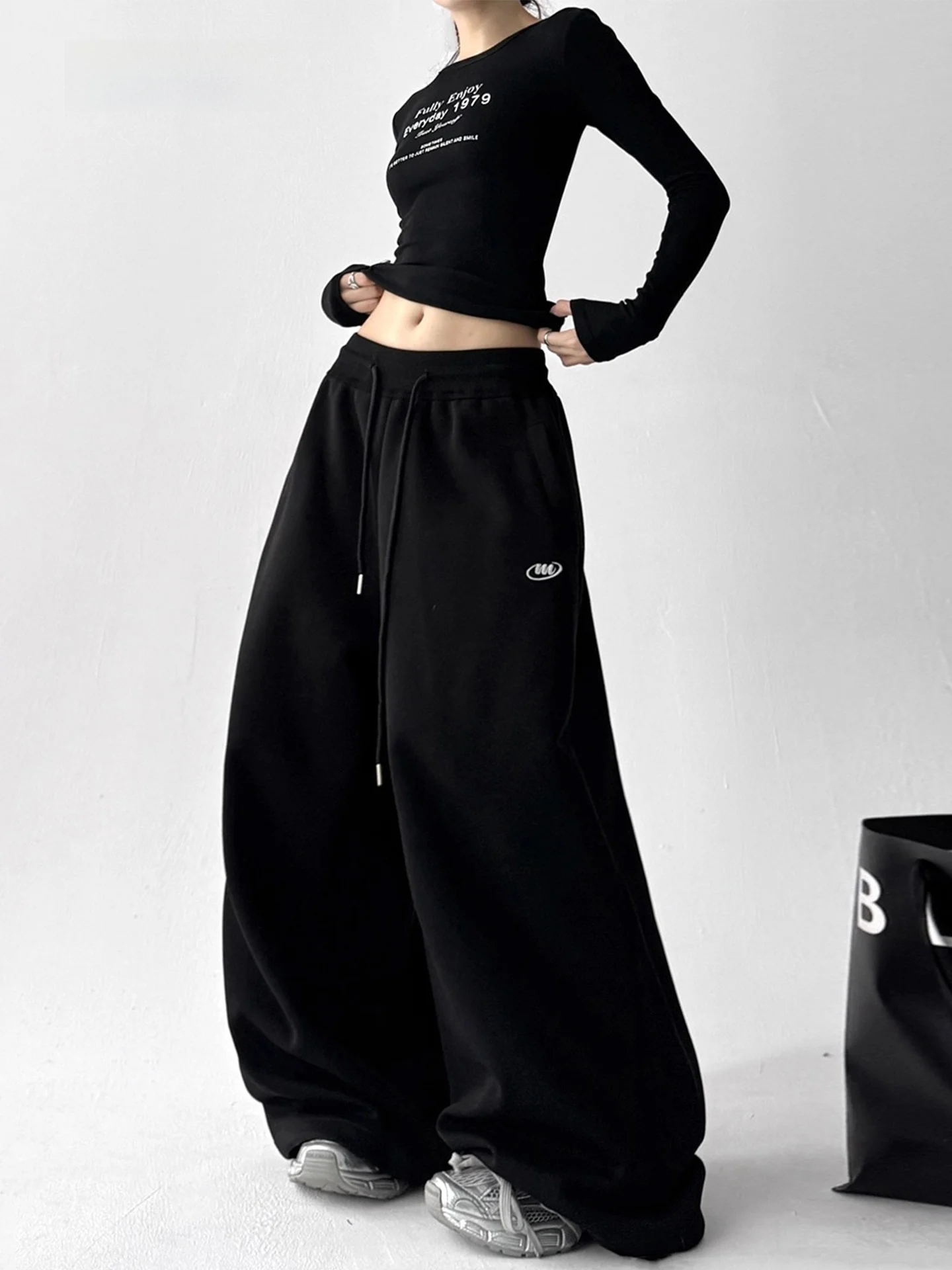 

Fce Lined Wide Leg Sports Pants Women's Casual Loose Fit Winter Faion High Waist Cotton Blend Comfortable Straight Cut