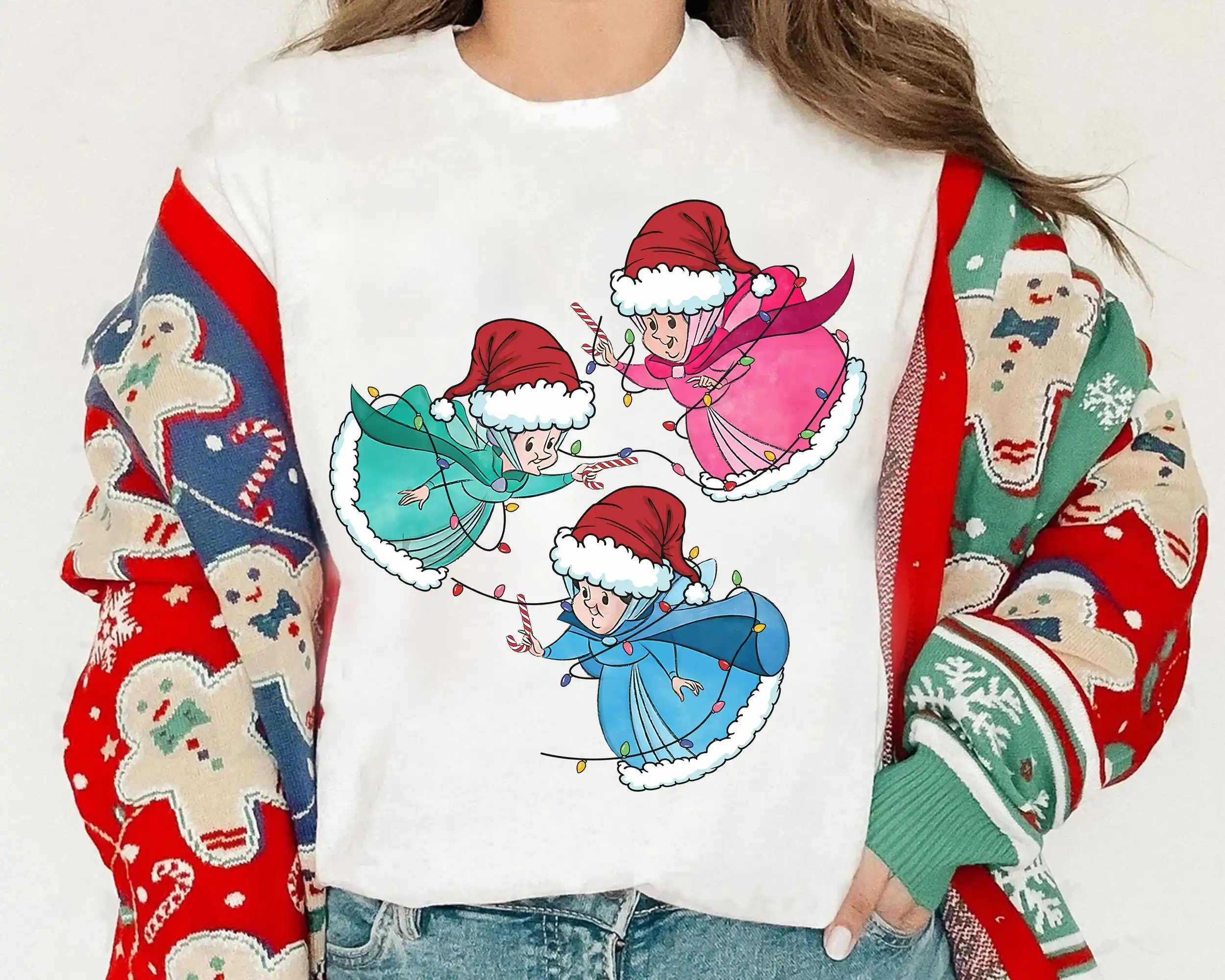 

Disney women men Sleeping Beauty Good Fairies Shirt Flora Fauna Merryweather Christmas Light Santa Costume Tee