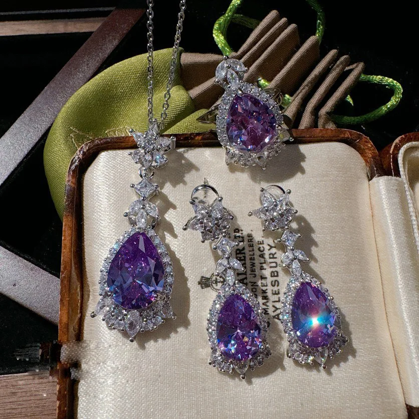 Uruguayan Peacock Purple Water Drop Gem Necklace Plated with 18K Gold Water Drop Earrings