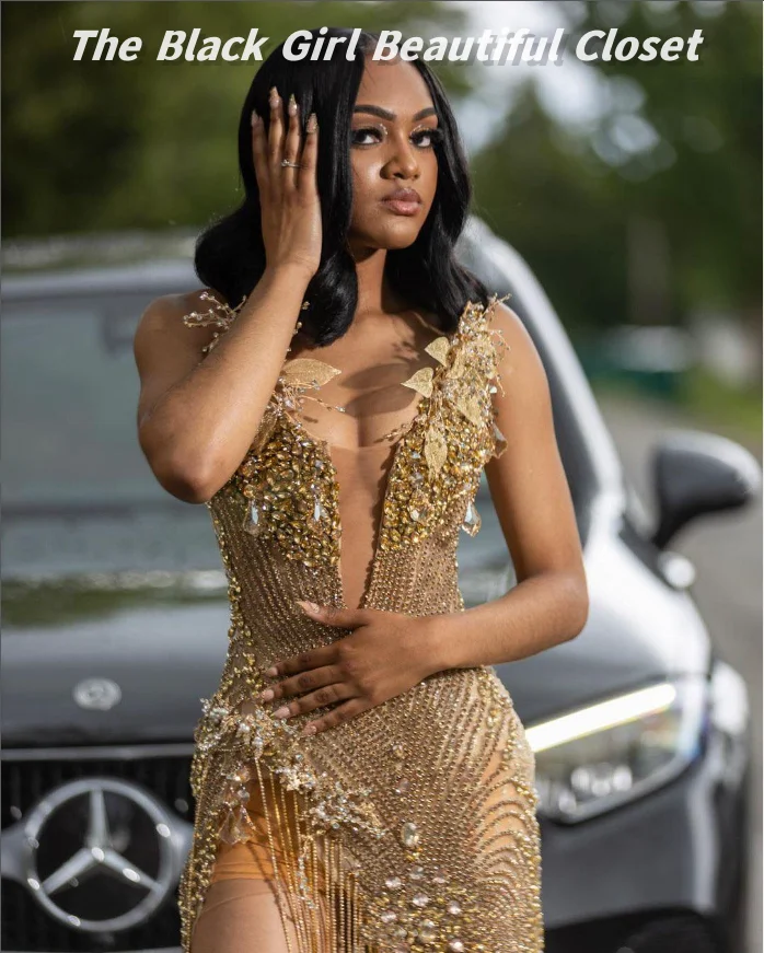 Sparkling Gold Evening Gowns 2024 Applique Rhinestone Sequin Embellished Prom Gowns African Girls Fringe High Slit Applique Gown