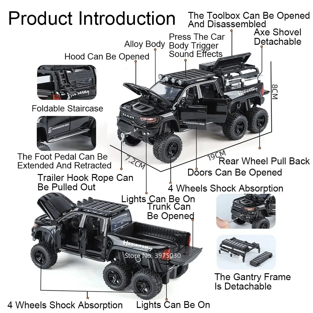 1:32 RAM Mammoth Rolls Royce Phantom 6x6 Zabawki Samochody Modele Napęd na Sprężynę Światło Muzyka Miniaturowe Pojazdy Terenowe Prezenty dla Maluchów i Dzieci
