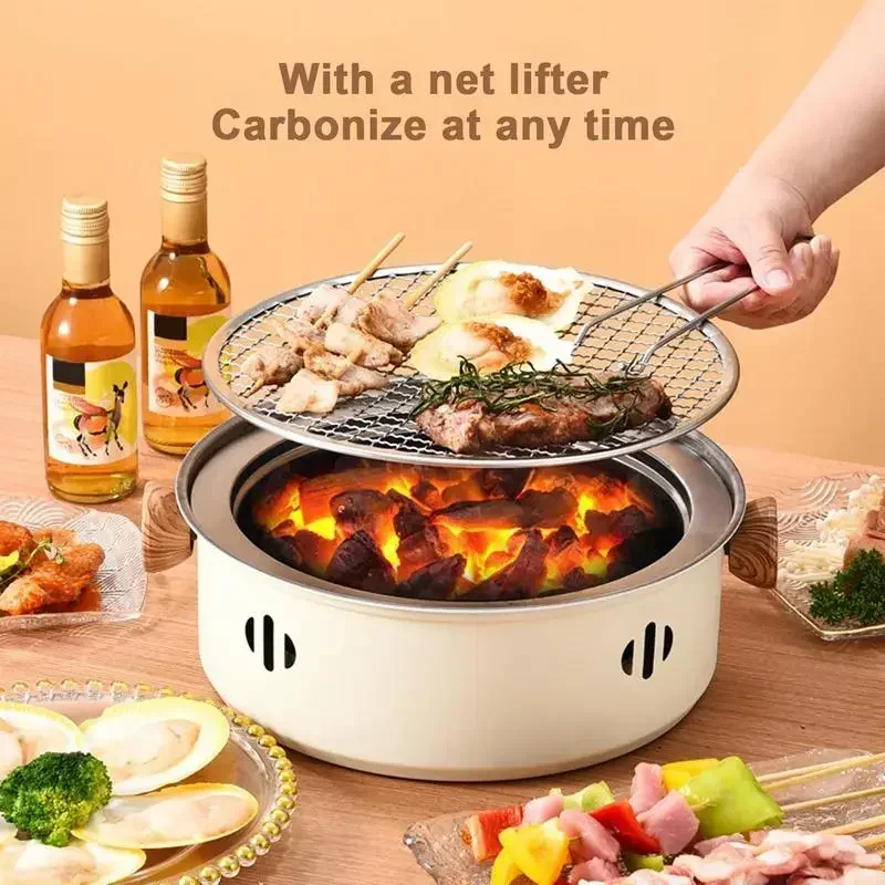 Portable Stainless Steel Barbecue Grill, Korean Charcoal Stove, Split BBQ Stove, Round Non-stick Barbecue Rack for Outdoor Campi