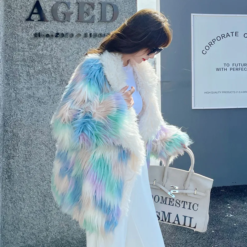 

Rainbow Color Autumn Women Artificial Fur Jacket Fleece Lapel Collar Curly Lady Mink Fur Coat Onesize Street Female Eco Fur Coat