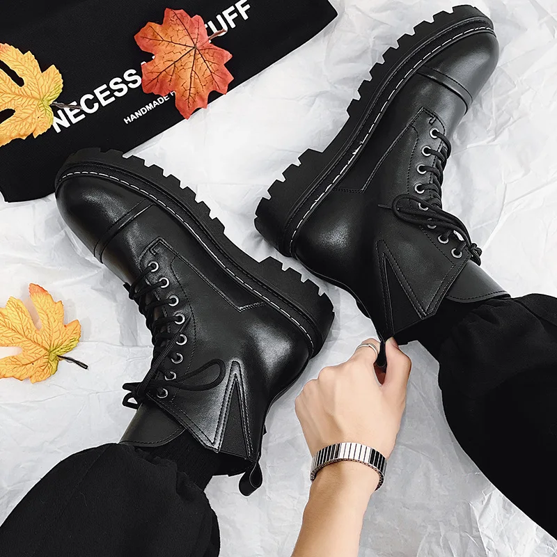 2023 Autumn Winter Fashion Boots for Men Black Casual Lace-up Outdoors Men New Leather Boots Zipper Motorcycle Men Ankle Boots