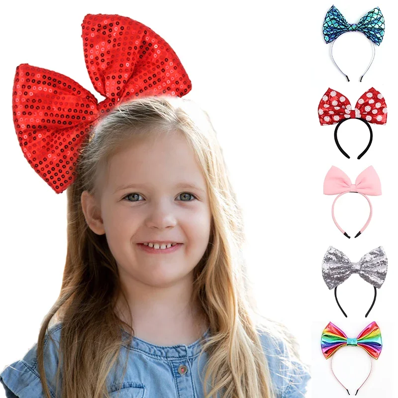 

Шикарная 7-дюймовая повязка на голову с большим блестящим бантом и блестками, металлические ленты радужных цветов для вечеринок, женские аксессуары для волос на день рождения, детские аксессуары для волос