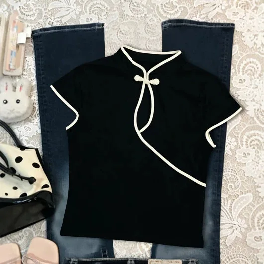 Damen-Bluse im chinesischen Stil, beige, Cheongsam-Bluse, Vintage-Stil, Stehkragen, kurze Ärmel, bauchfreies Oberteil mit asymmetrischem Froschknopf und Schlüsselloch – Detail 4