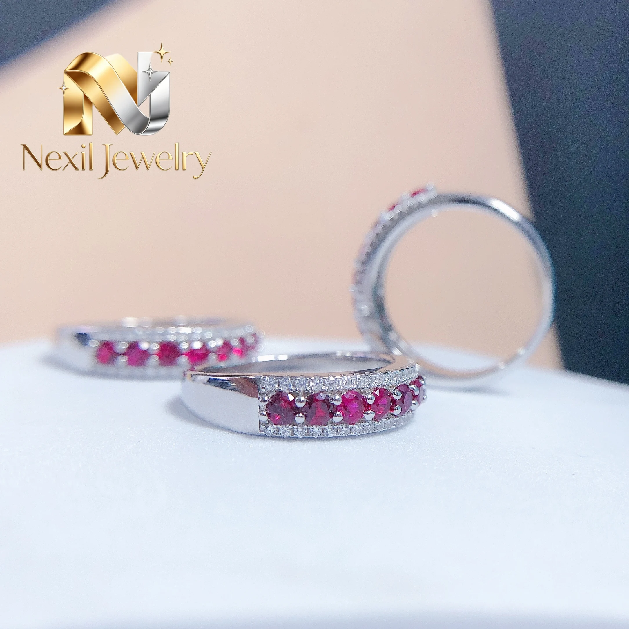 

Nexil Jewelry Delicate Glow Purple Created Blue/Red Gem Engagement Band Ring for Her Solid 14K White Gold Jewelry for Women R2