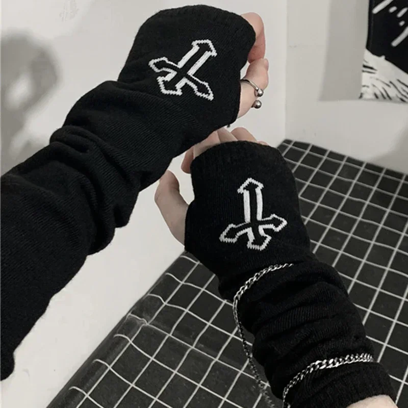 Punk EMO Style Streetwear Women Wrist Arm Warmer Knitted Long Fingerless Oversleeve Black Mitten Halloween CrossDark Moon