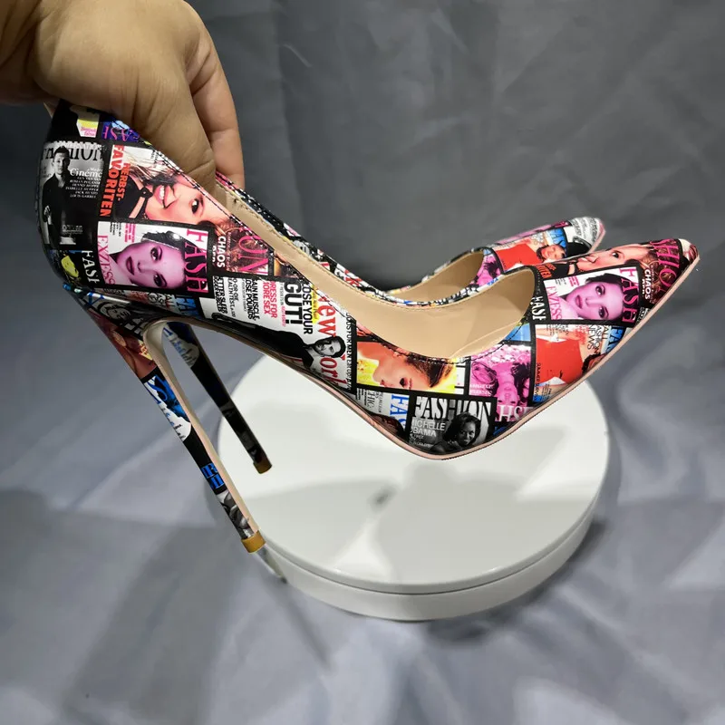 Fashion Graffiti Colorful Personal Print 10cm High Heels Pointed Casual Shoes Women Street Style Big Size 33-45 Women Pumps