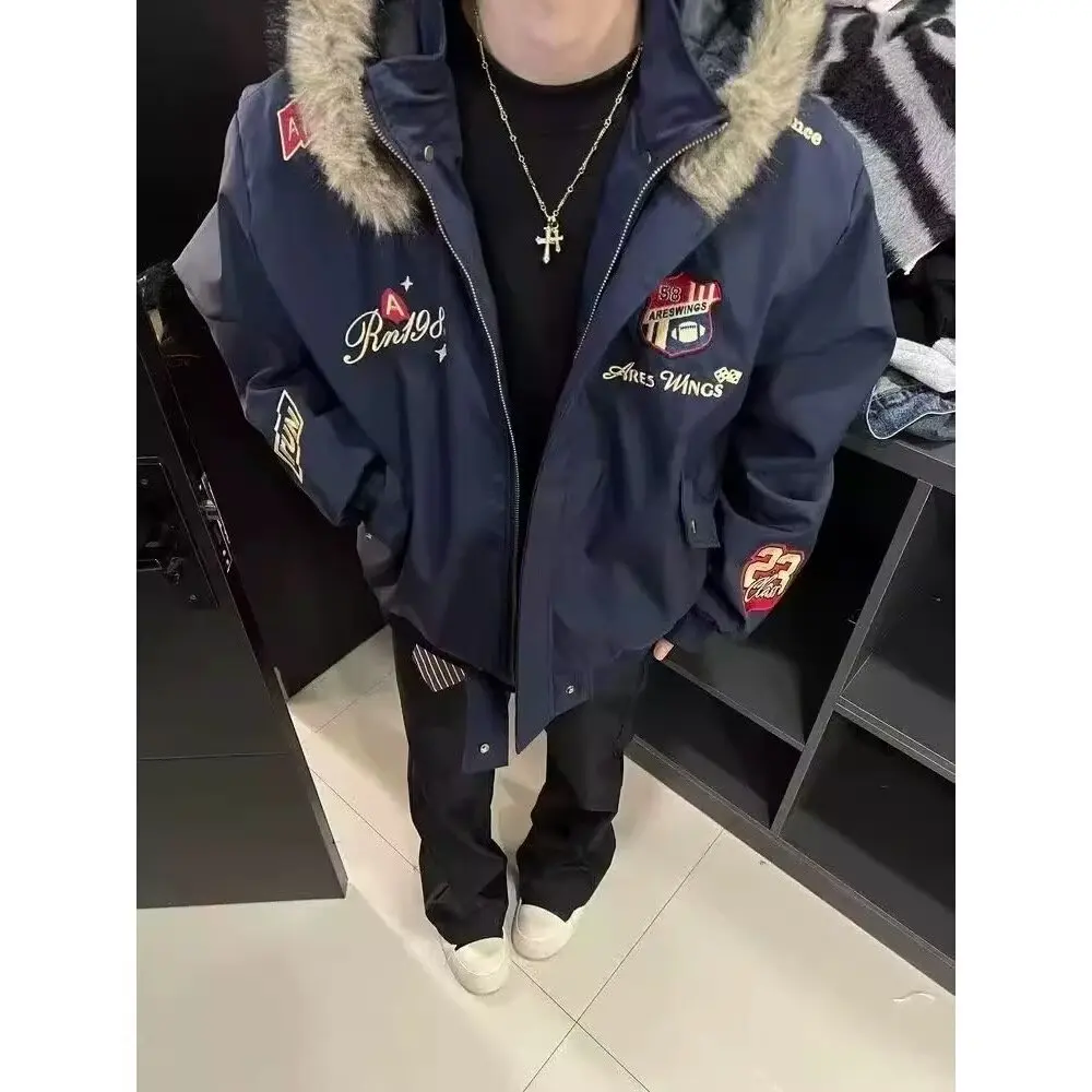 

Autumn Winter Large Size Men's Cotton Jaet Removable Warmth Bae Embroidery American Sle Mountain Eagle Design Casual Ho...